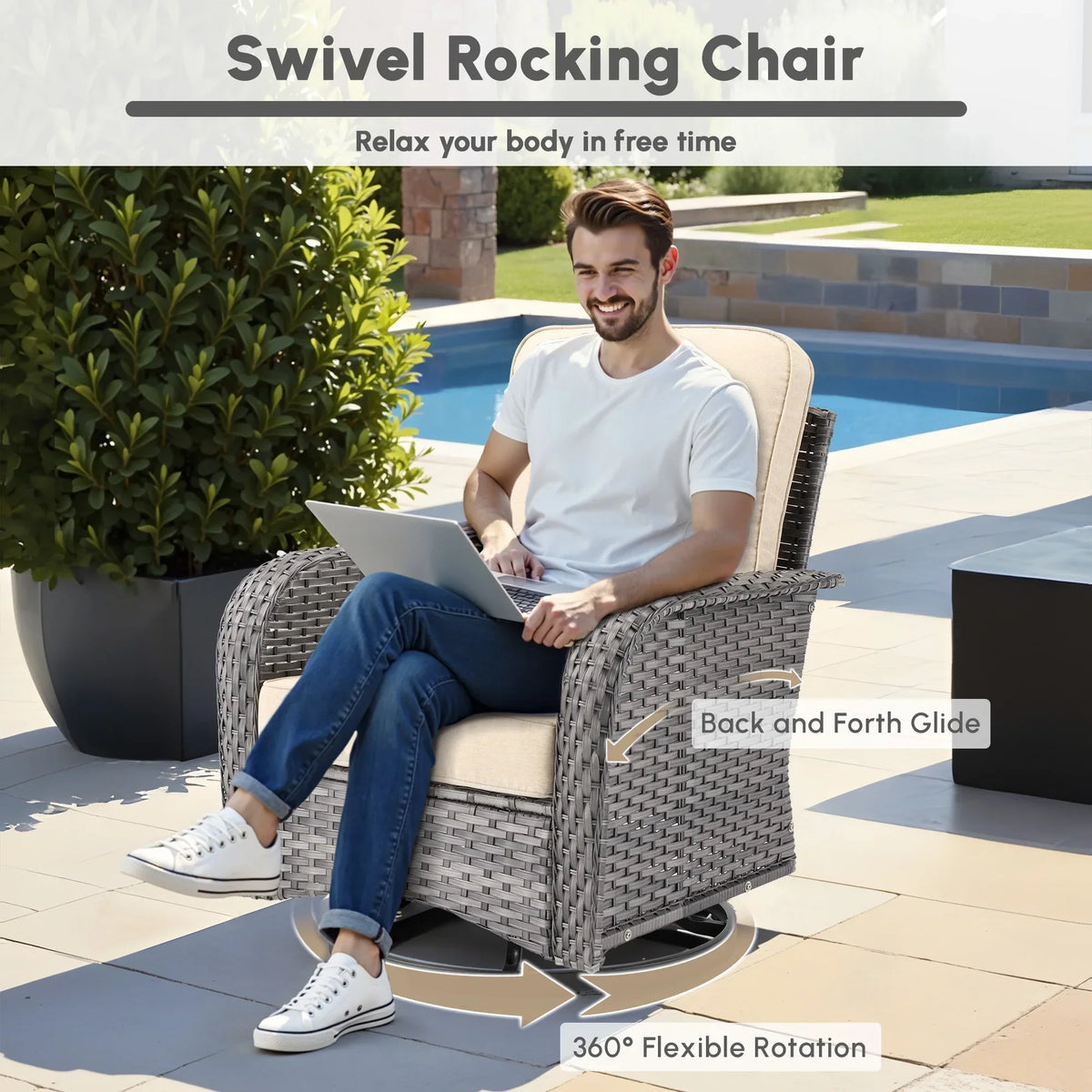 2026 NEW Ovios 5 Pieces Outdoor Patio Furniture Set High Back All Weather Wicker Conversation Set with Swivel Chairs & Coffee Table, Dark Gray