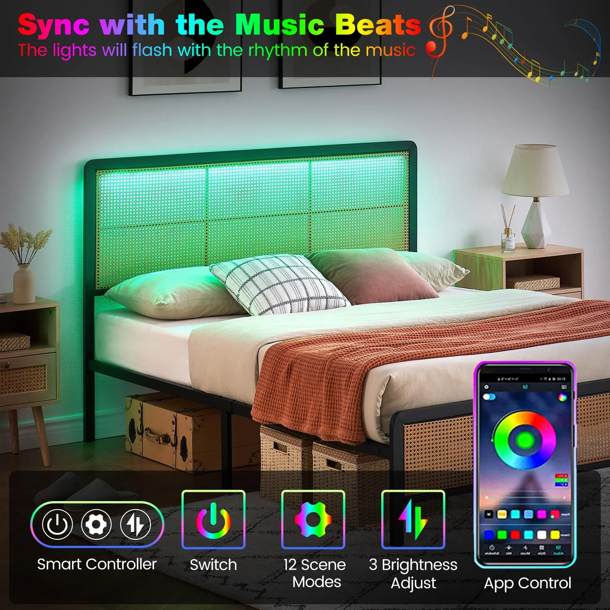 2026 NEW Platform Bed Frame with Natural Rattan Headboard Modern Cane Bed Frames with Heavy Duty Sturdy Steel Slat Support No Box Spring Needed Easy Assembly