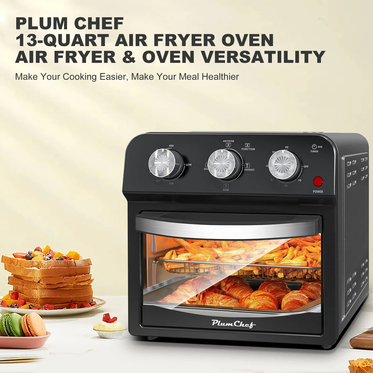 2026 NEW PlumChef 13 Quart 4 Slices Air Fryer Convection Toaster Oven, 1500W, 7 in 1 Multifunction with Roast, Bake, Grill, Broil, Toast, Dehydrate, Defrost