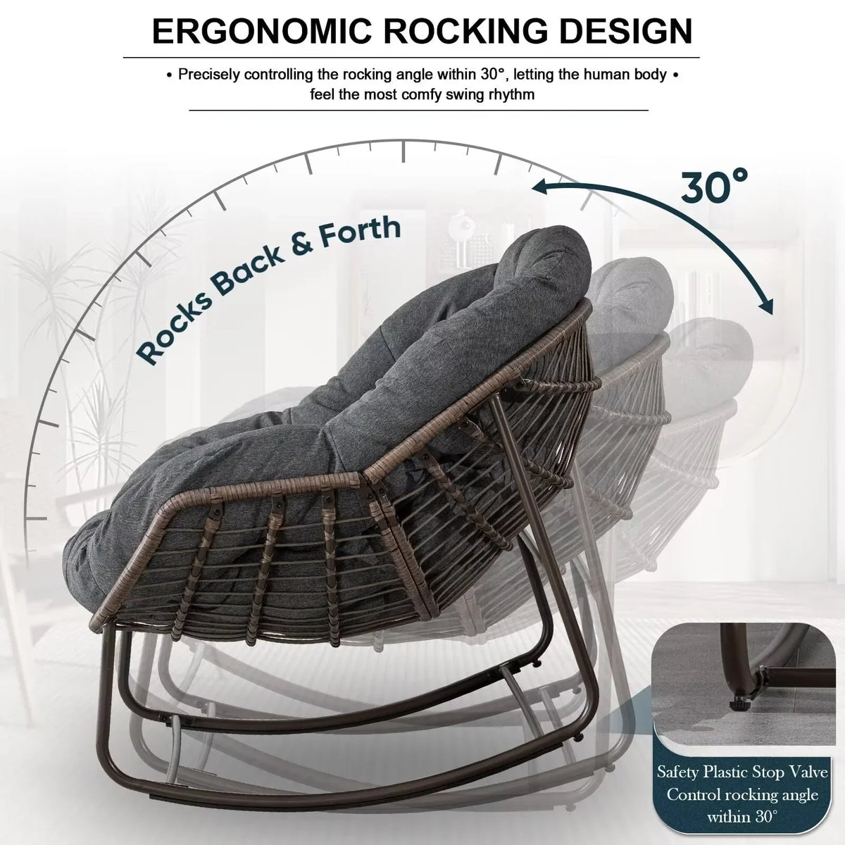 2026 NEW Outdoor Papasan Rocking Chair, Patio Oversized Wicker Egg Rocking Chair, Indoor & Outdoor Comfy Rocker Chair with Thick Cushion, Modern Lounge Chair for Front Porch, Garden, Backyard, Grey
