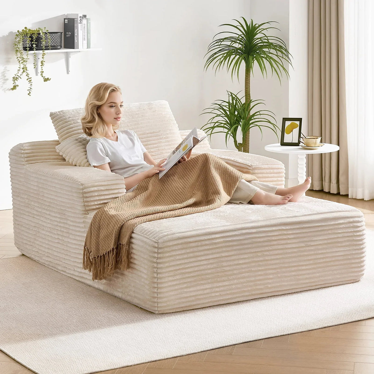 2026 NEW 65" Corduroy Cloud Sleeper Chaise Lounge Chair, No Assembly Sofa Bed with Pillows, Beige