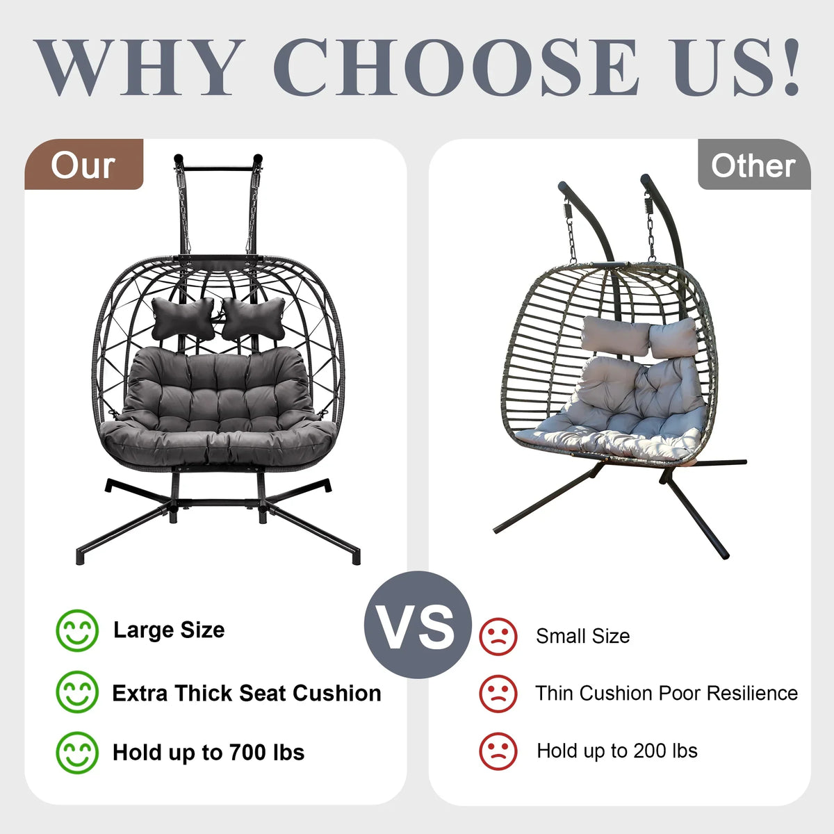 2026 NEW RADIATA Double Wicker Egg Swing Chair with Stand, 2-Person Hanging Egg Chair for Indoor/Outdoor, 700lbs Capacity, Thick Cushions & Headrest,Sturdy Metal Frame"Dark Gray