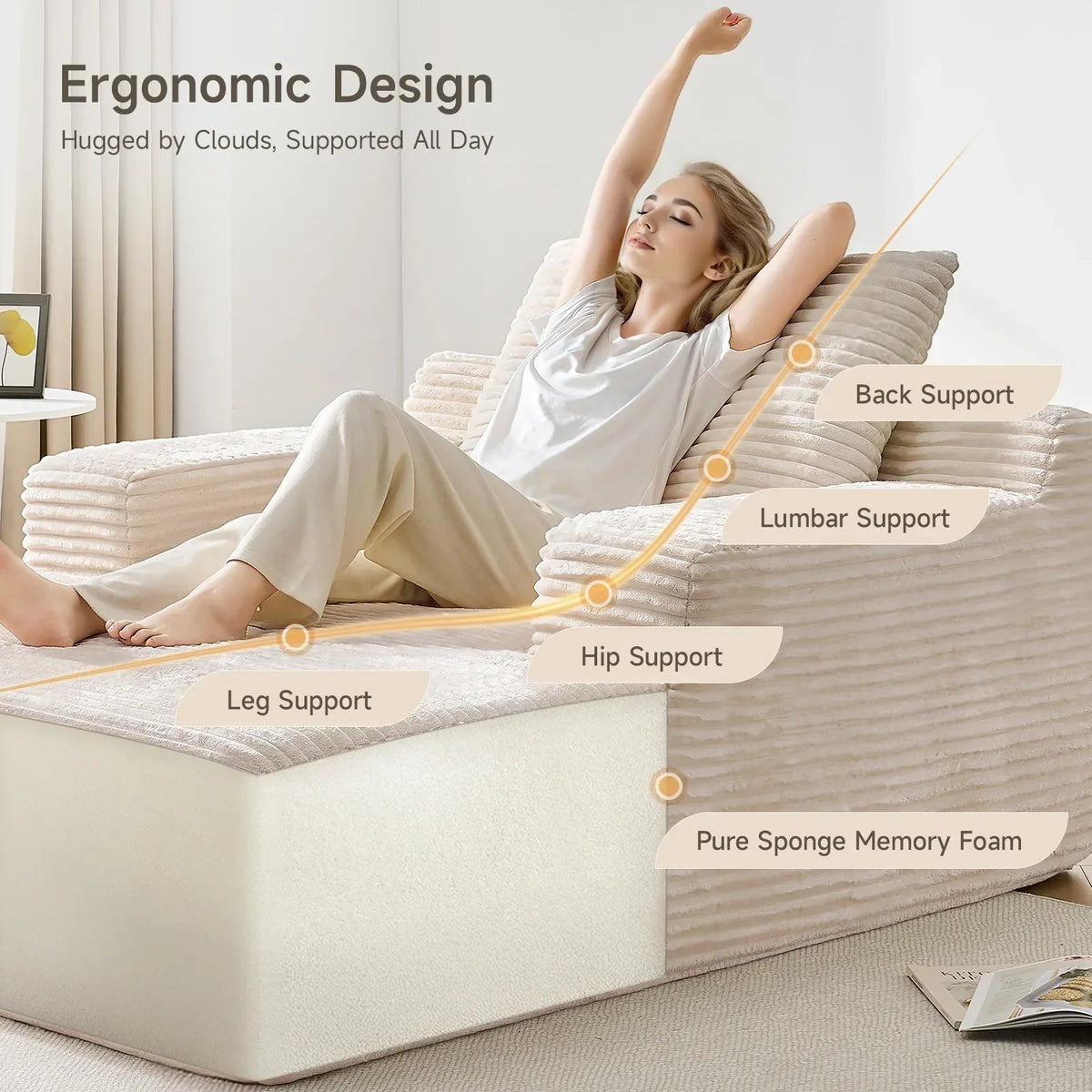 2026 NEW 65" Corduroy Cloud Sleeper Chaise Lounge Chair, No Assembly Sofa Bed with Pillows, Beige