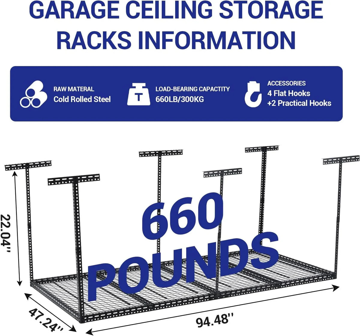 2026 NEW Pinypikaka 4'x8' Overhead Garage Storage Rack, 22"-40" Height Adjustable Ceiling Storage Rack 660lbs Weight Capacity