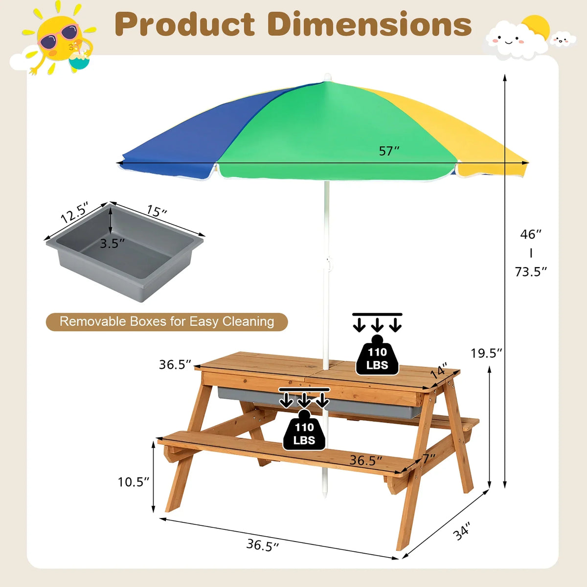 2026 NEW Costway 3-in-1 Kids Picnic Table Wooden Outdoor Sand & Water Table with Umbrella Play Boxes Green