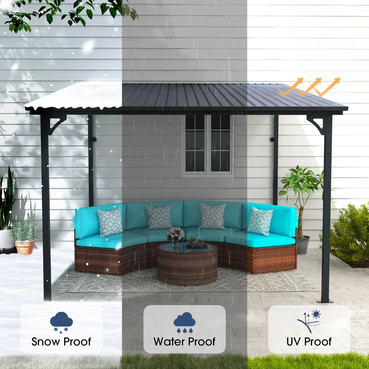 2026 NEW 8' x 10' Outdoor Pergola Gazebo, Lean to Awnings Gazebos, Heavy Duty Hard Top Metal Pergola with Roof, for Patio, Backyard, Decks, Poolside