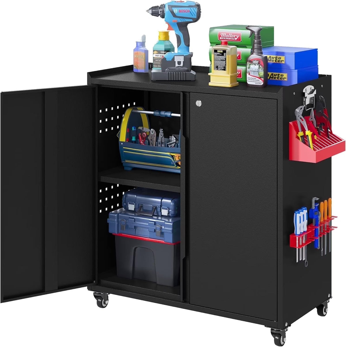 2026 NEW Metal Storage Cabinet with Wheels,Rolling Tool Cabinet with Doors and Adjustable Shelves,Heavy Duty Garage Storage Cabinet