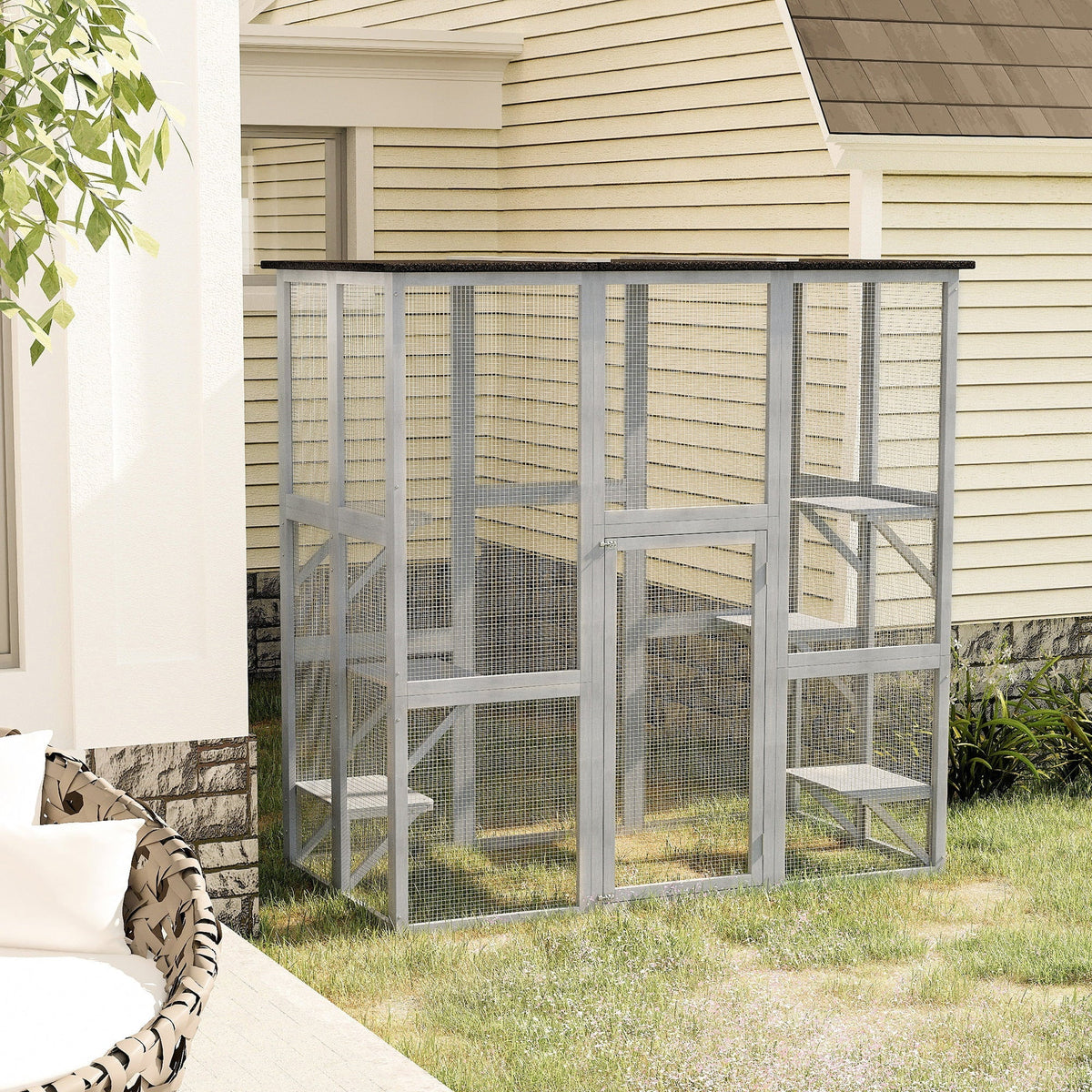 2026 NEW PawHut Wooden Catio Enclosure with Weather Protection, 6 Platforms, Outdoor, Large, 71" x 38.5" x 71"
