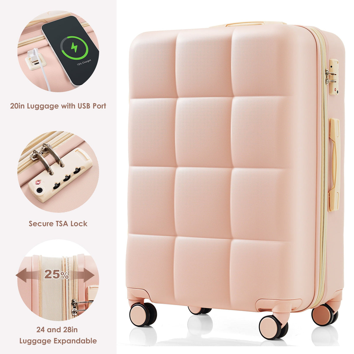 2026 NEW Luggage Set of 3, 20-inch with USB Port, Airline Certified Carry-on Luggage with Cup Holder, ABS Hard Shell Luggage with Spinner Wheels, white