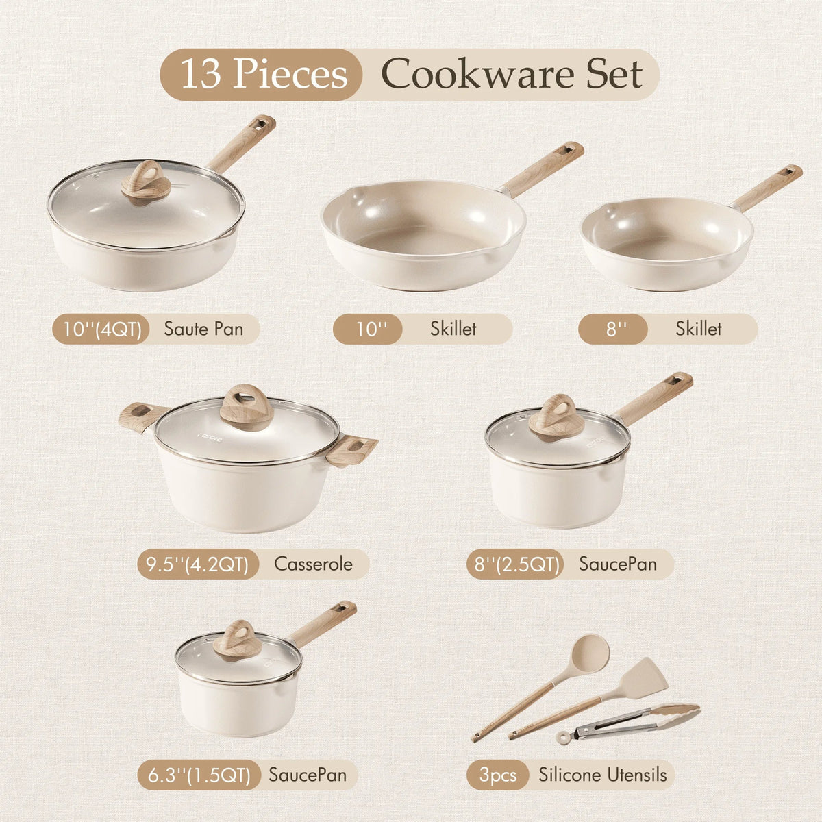 2026 NEW Carote Nonstick Pots and Pans Set, 13 Pieces Kitchen Cookware Sets Compatible for All Stoves, White Granite