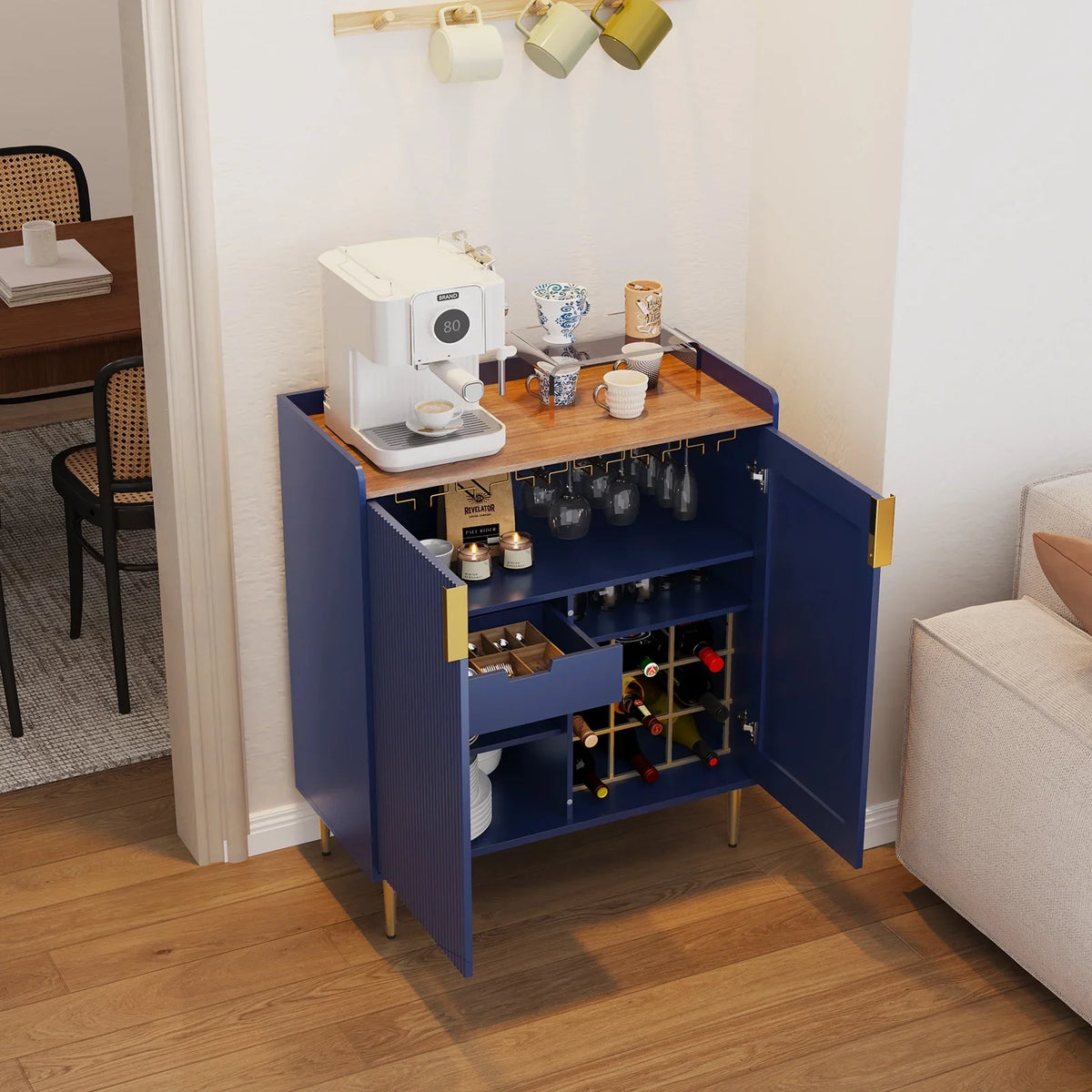 2026 NEW CBJCBJ 32" Wine Bar Cabinet with 2 Door Fluted Texture, Modern Coffee Cabinet with Rack&Glass Holder, Black