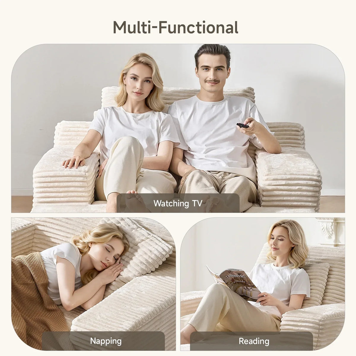2026 NEW 65" Corduroy Cloud Sleeper Chaise Lounge Chair, No Assembly Sofa Bed with Pillows, Beige