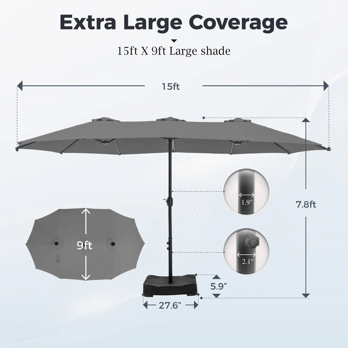 2026 NEW Alpha Joy 15ft Outdoor Patio Umbrella Extra-Large Double-Sided Garden Umbrella with Crank Handle and Base - Smoky Gray