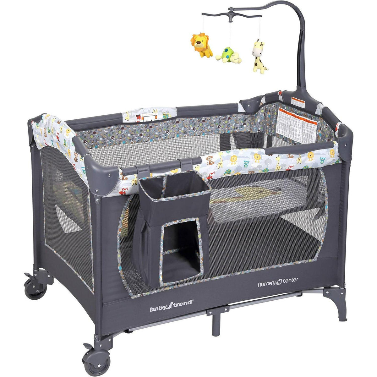 2026 NEW Baby Trend Nursery Center Playard with Toy Mobile. Tanzania Grey