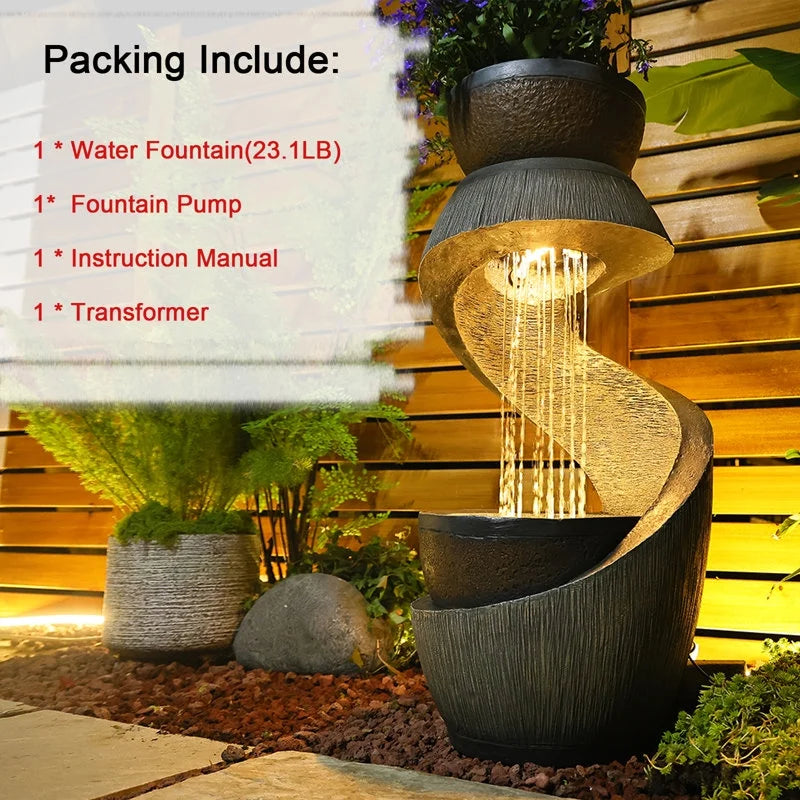 2026 NEW Outdoor Water Fountain Modern Curved Waterfall S-Shaped Freestanding Fountain with Bowl Planter for Patio Deck Garden Yard Home Decor