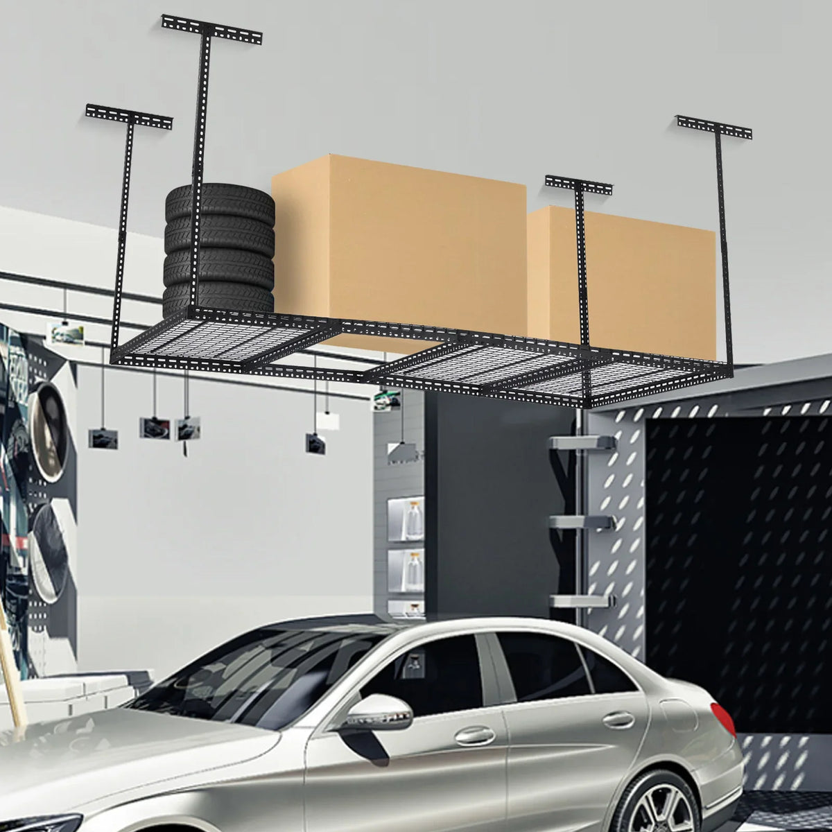 2026 NEW 4x6 Overhead Garage Storage Rack -C Heavy Duty Metal Ceiling Shelving, Adjustable Organization System for Garage -C 330lb Capacity, Easy Install