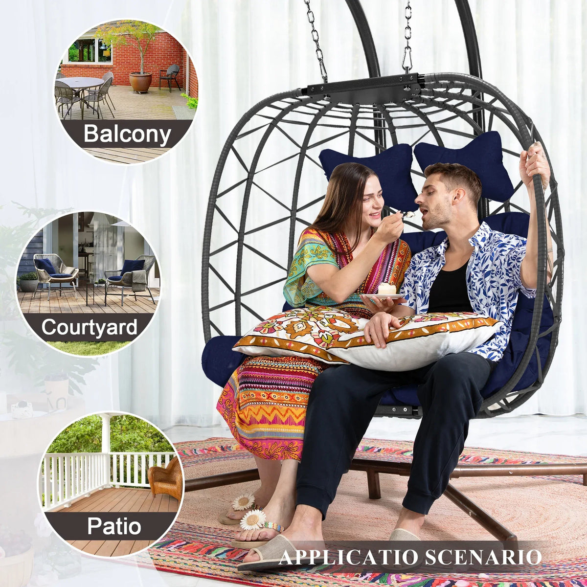 2026 NEW RADIATA Double Wicker Egg Swing Chair with Stand, 2-Person Hanging Egg Chair for Indoor/Outdoor, 700lbs Capacity, Thick Cushions & Headrest,Sturdy Metal Frame"Dark Gray