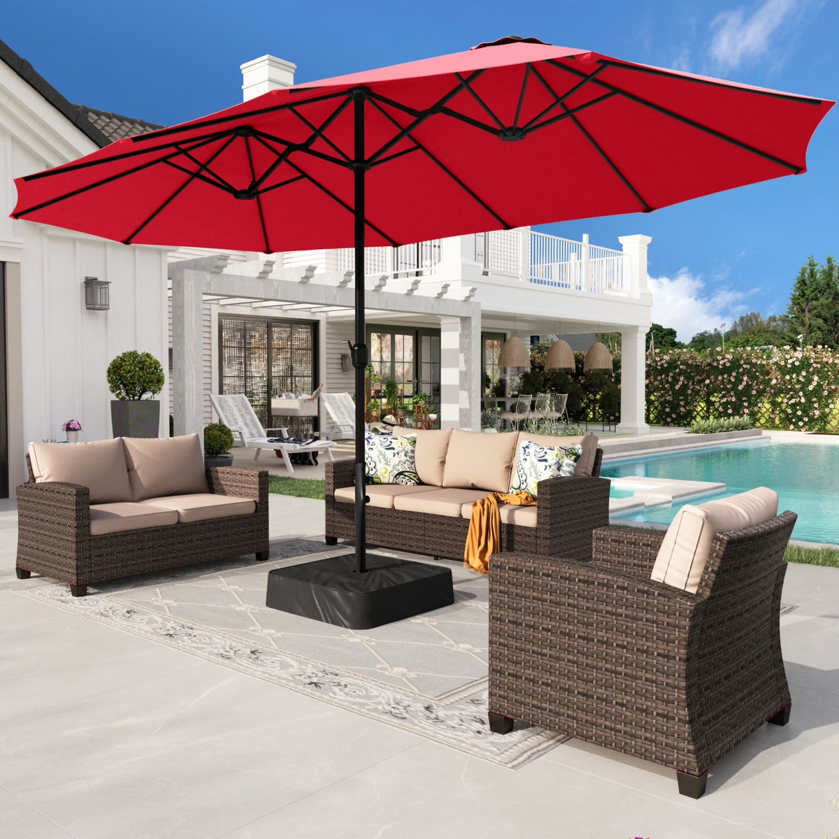 2026 NEW Alpha Joy 15ft Outdoor Patio Umbrella Extra-Large Double-Sided Garden Umbrella with Crank Handle and Base - Smoky Gray