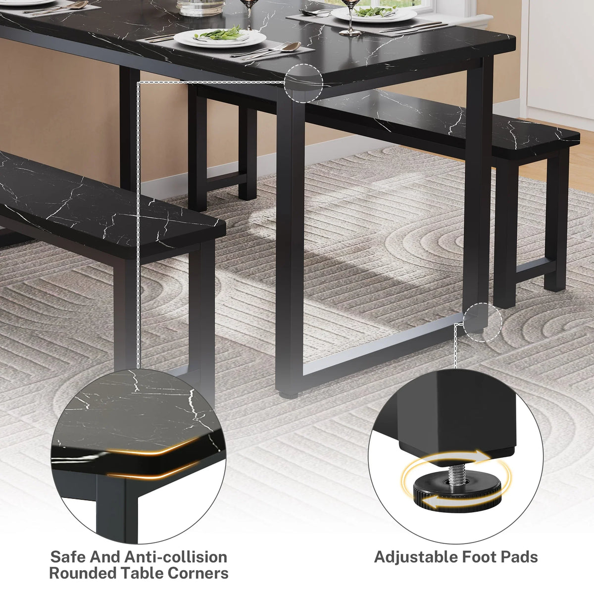 2026 NEW PORKISS Kitchen Table with 2 Benches, 3 Piece Dining Table Set, Dining Table with Faux Marble Table Top, Metal Frame, Black#