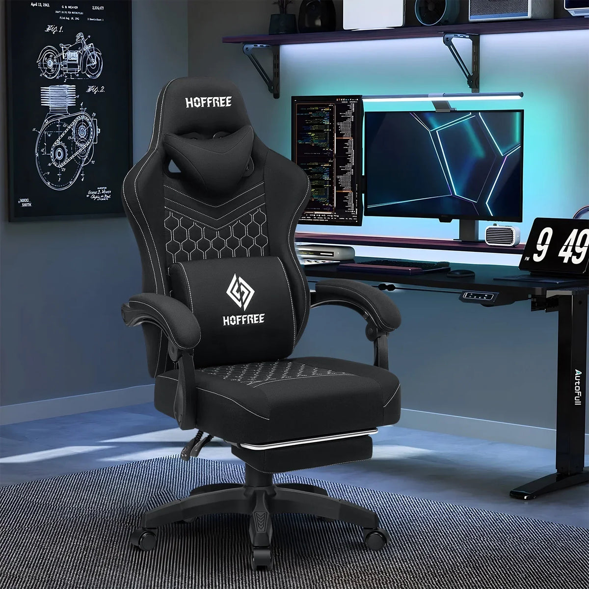 2026 NEW Hoffree Gaming Chair with Massage Fabric Office Chair with footrest for Adults, Ergonomic Gamer Chair with Headrest and Lumbar Support for Office Gaming, 440 LBS