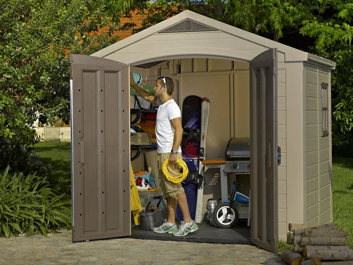 2026 NEW Keter Factor 8 x 11 Foot All Weather Resin Outdoor Storage Shed, Taupe