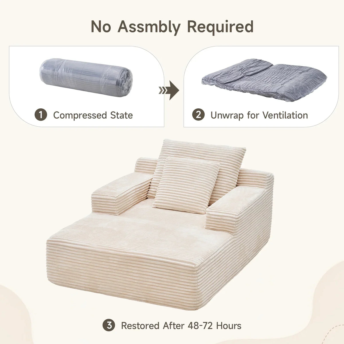 2026 NEW 65" Corduroy Cloud Sleeper Chaise Lounge Chair, No Assembly Sofa Bed with Pillows, Beige