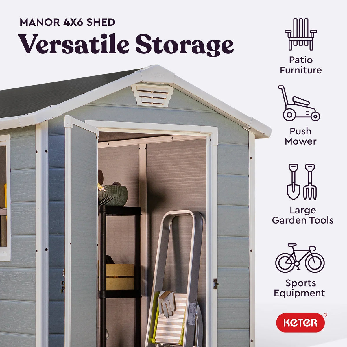 2026 NEW Keter 213413 Manor DD 6 X 8 Foot All Weather Outdoor Storage Shed, Grey