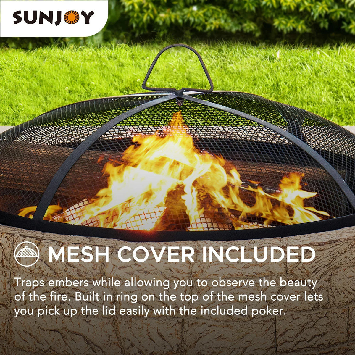 2026 NEW Sunjoy Stone Fire Pit 26 Inch, Outdoor Round Wood Burning Fire Pits with Spark Screen and Poker Grey