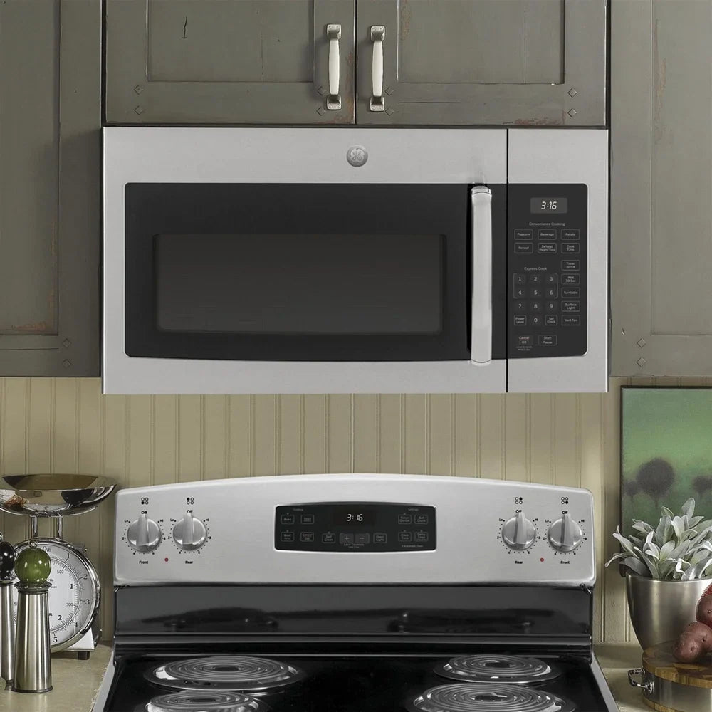 2026 NEW GE JVM3160RFSS 1.6 Cu. Ft. Over-the-Range Microwave Oven Stainless Steel Bundle with Deco Chef Pair of Red Heat Resistant Oven Mitt and 3 YR CPS Enhanced Protection Pack