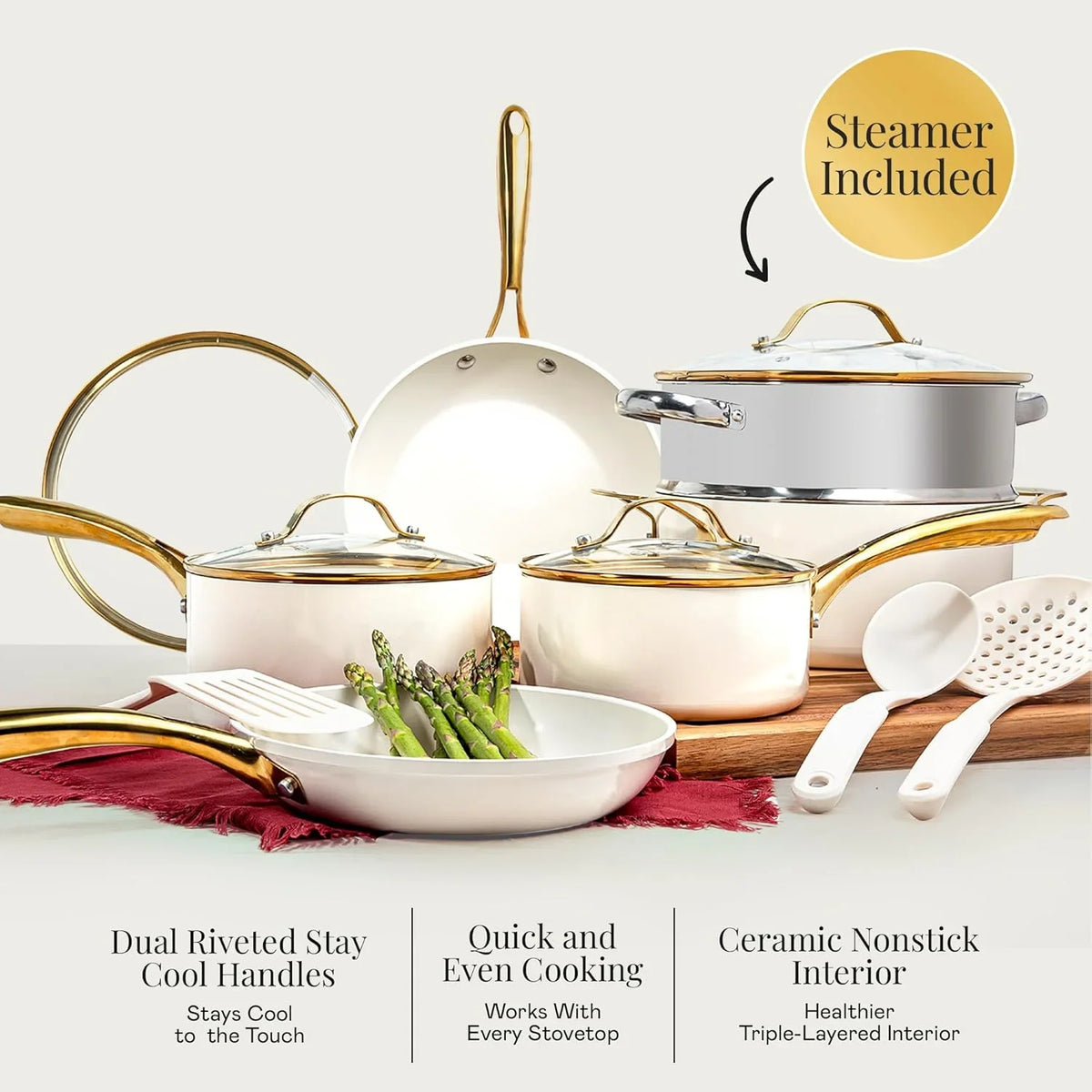 2026 NEW Gotham Steel 15 Pc Ceramic Cookware Set, Ceramic Pots and Pans Set Non Stick with Cooking Utensils and Steamer, Non Toxic, Premium Gold Stay Cool Handles, Oven & Dishwasher Safe