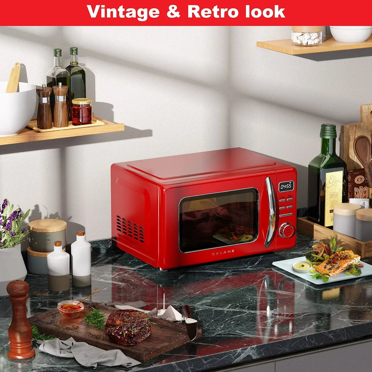 2026 NEW Galanz Retro Countertop Microwave Oven with Auto Cook & Reheat, Defrost, Quick Start Functions, Easy Clean with Glass Turntable, Pull Handle, .9 cu ft, Black