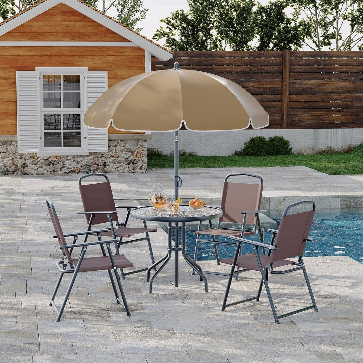 2026 NEW 6 Pieces Outdoor Dining Set With Umbrella, Patio Table and 4 Folding Chairs With Umbrella, Garden Patio Furniture Set With Umbrellas, Tempered Glass Top Dining Table