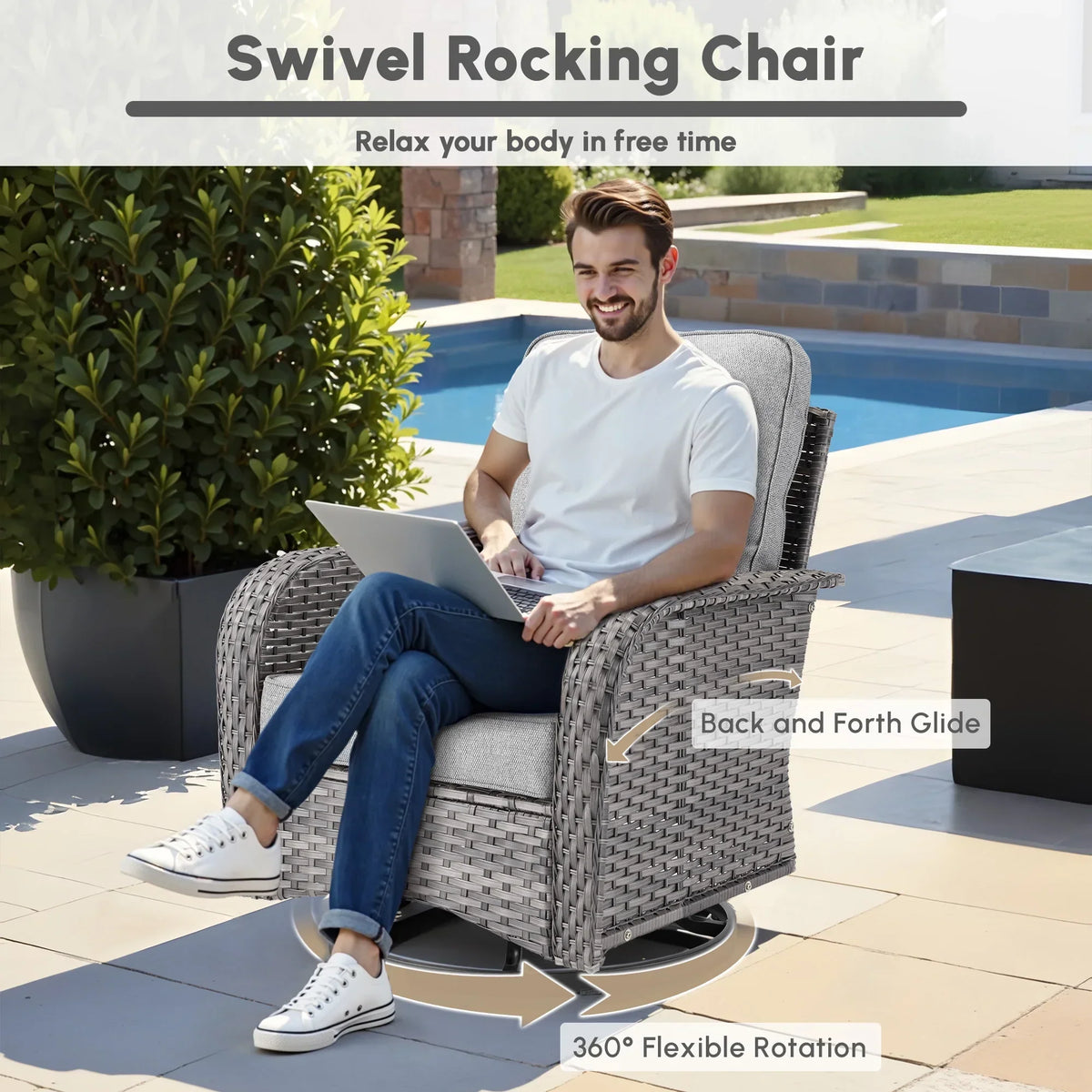 2026 NEW Ovios 5 Pieces Outdoor Patio Furniture Set High Back All Weather Wicker Conversation Set with Swivel Chairs & Coffee Table, Dark Gray