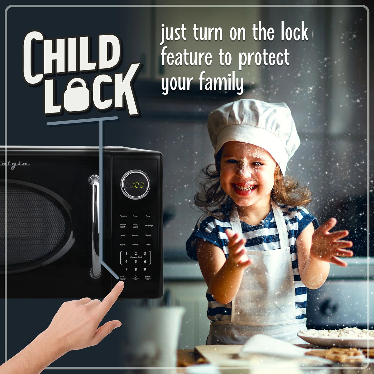 2026 NEW Nostalgia Retro Microwave Oven - 1.1 Cu Ft & 1000-Watt Countertop Size with Glass Turntable, Child Safety Lock, 8 Auto-Cook Programs & Digital Clock - Black