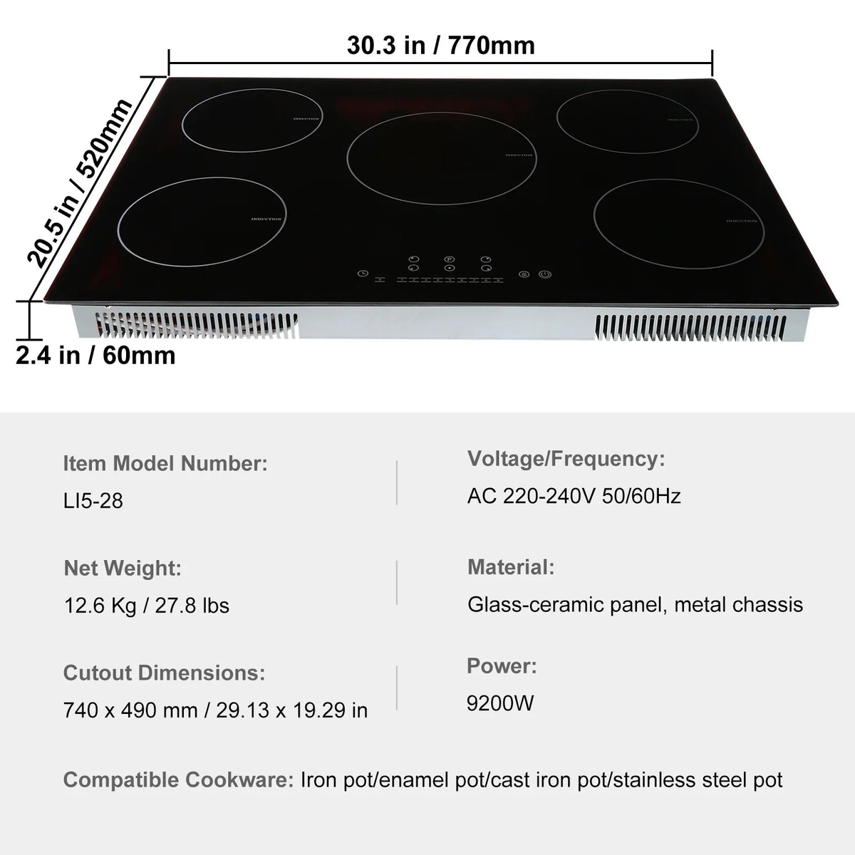2026 NEW KFFKFF Electric Range, 5 Elements, 30'' Built-in Induction Cooking Surface, 9200W, 9 Power Settings, LED Display, Safety Lock & Heat Guard