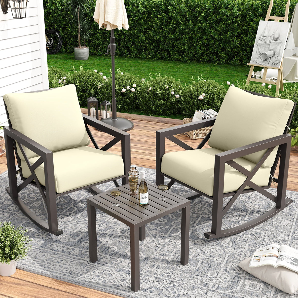 2026 NEW MRUAKA Rocking Chair Bistro Set,3 Piece Outdoor Patio Furniture Set with 2 Rockers and 1 Metal Coffee Table with Thick Cushions for Porch,Backyard,Poolside,Beige