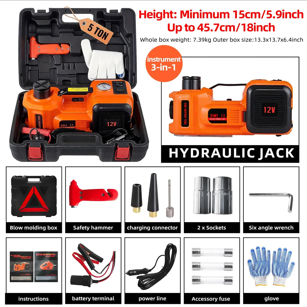 2026 NEW SZTAA Electric Car Jack Lift with Air Compressor and Emergency Hammer 5 Ton/11023 lbs Hydraulic Jack for SUV Sedan Truck Change Tires Garage Repair
