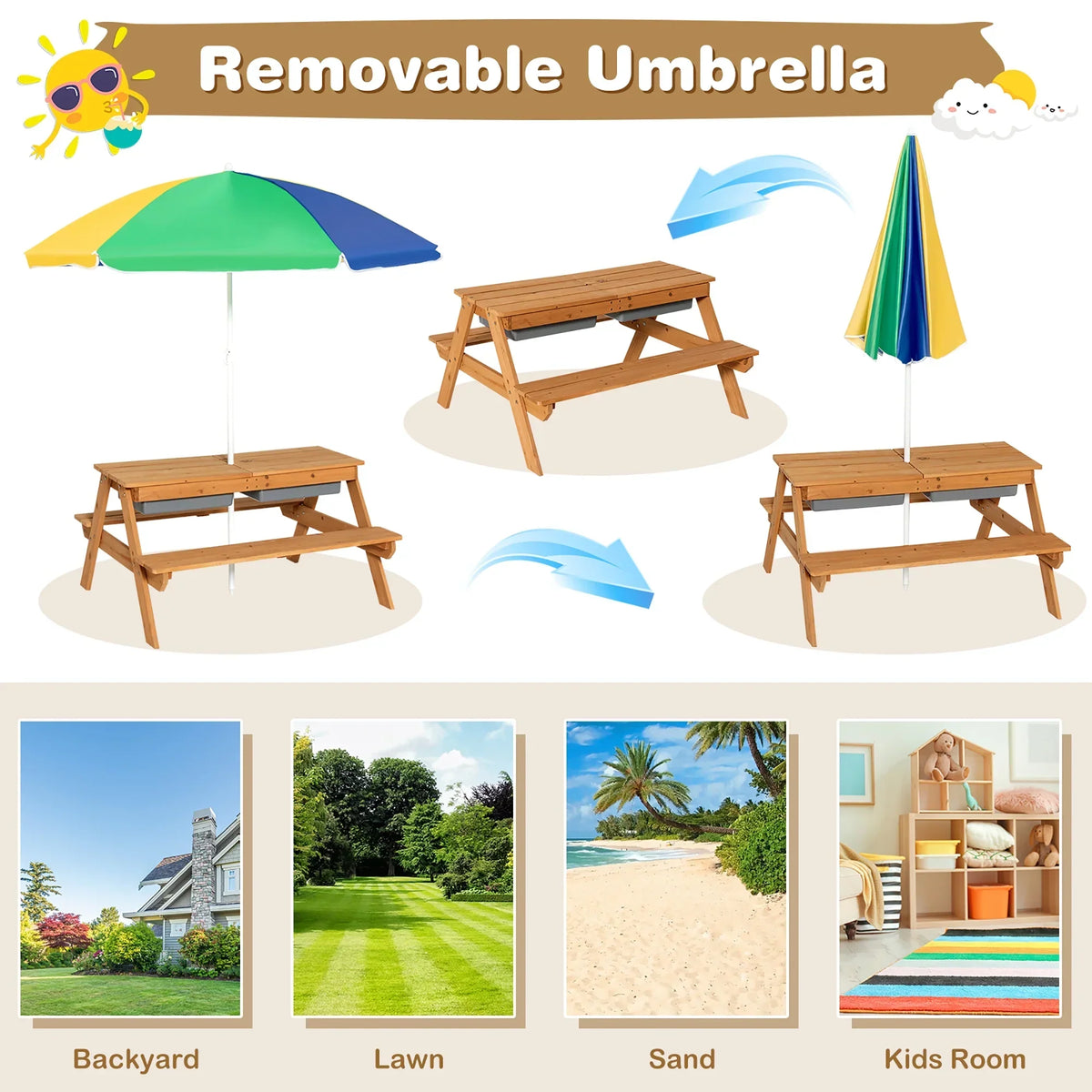 2026 NEW Costway 3-in-1 Kids Picnic Table Wooden Outdoor Sand & Water Table with Umbrella Play Boxes Green