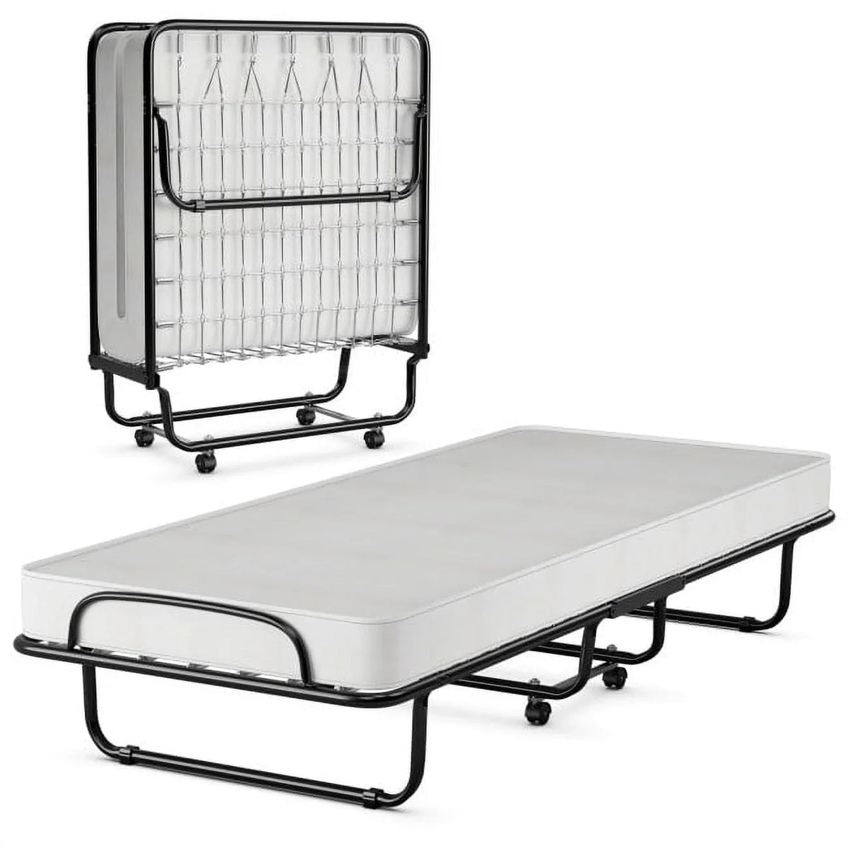 2026 NEW 75" x 31" x 13" Folding Bed with Mattress, Rollaway Bed Metal Frame on Wheels, Portable Foldable Guest Bed for Adults, Cot Size Fold up Bed with Memory Foam Mattress