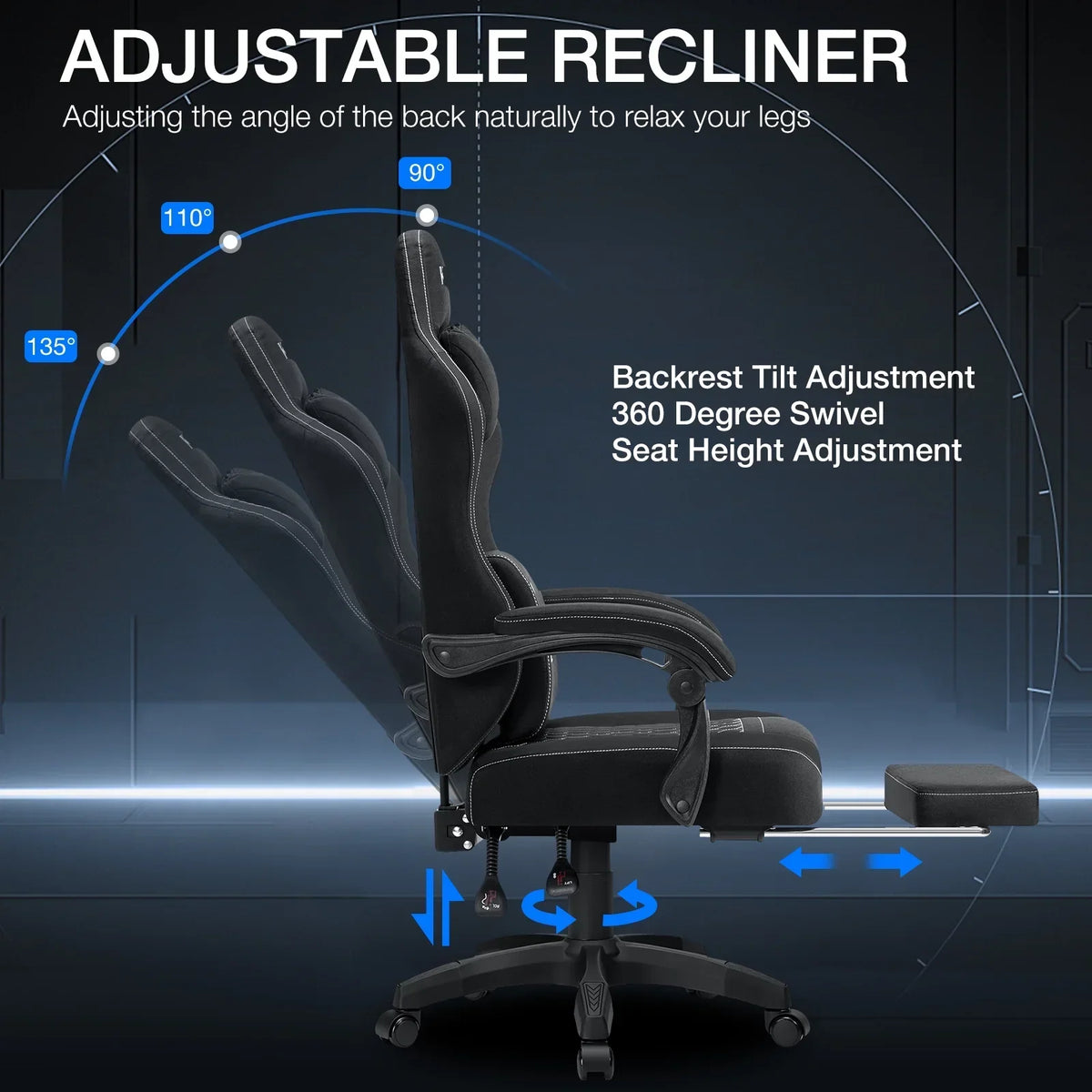2026 NEW Hoffree Gaming Chair with Massage Fabric Office Chair with footrest for Adults, Ergonomic Gamer Chair with Headrest and Lumbar Support for Office Gaming, 440 LBS