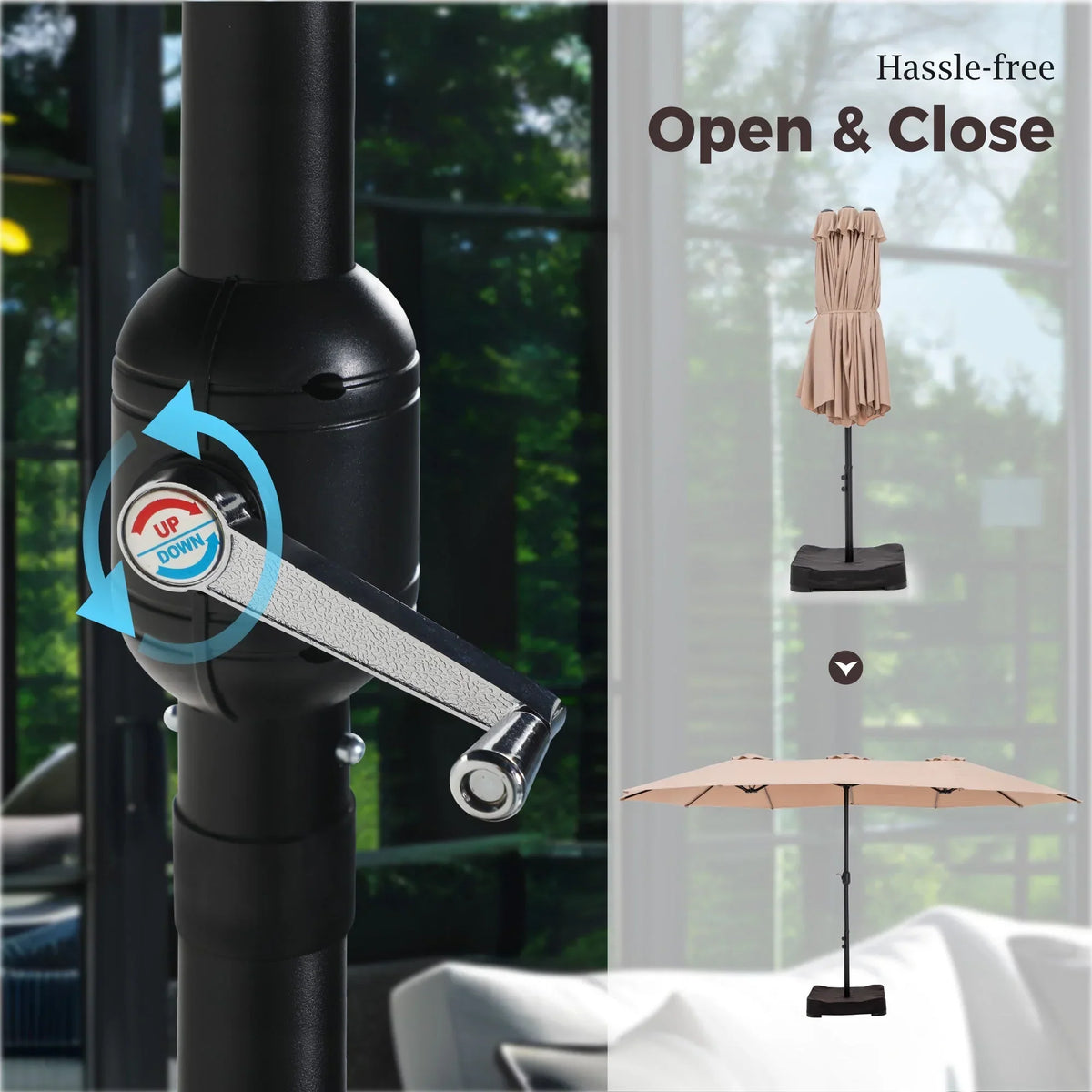 2026 NEW Alpha Joy 15ft Outdoor Patio Umbrella Extra-Large Double-Sided Garden Umbrella with Crank Handle and Base - Smoky Gray