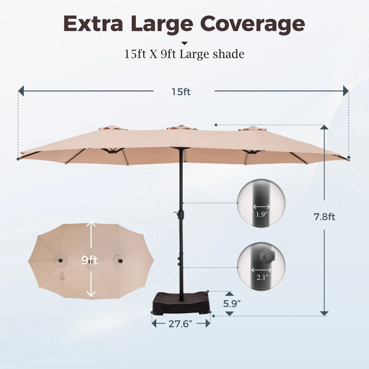 2026 NEW Alpha Joy 15ft Outdoor Patio Umbrella Extra-Large Double-Sided Garden Umbrella with Crank Handle and Base - Smoky Gray