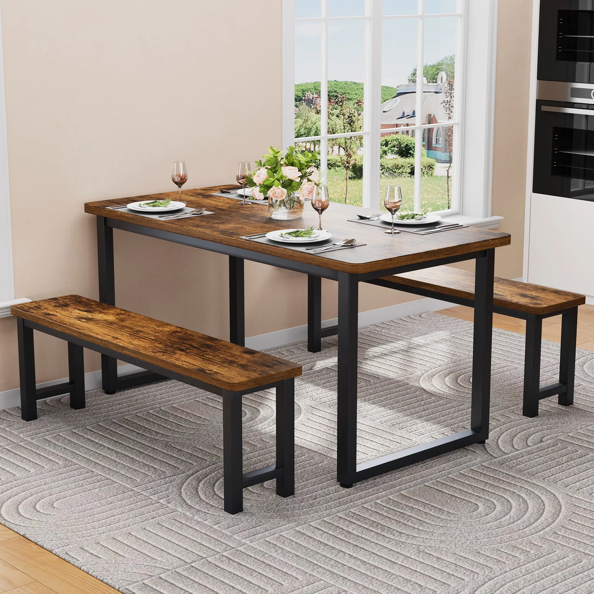 2026 NEW PORKISS Kitchen Table with 2 Benches, 3 Piece Dining Table Set, Dining Table with Faux Marble Table Top, Metal Frame, Black#