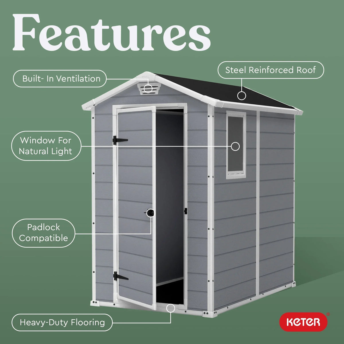 2026 NEW Keter 213413 Manor DD 6 X 8 Foot All Weather Outdoor Storage Shed, Grey