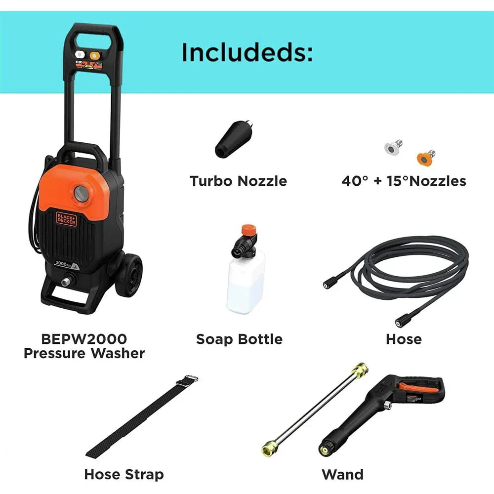 2026 NEW Black & Decker BEPW2000 2000 max PSI 1.2 GPM Corded Cold Water Pressure Washer