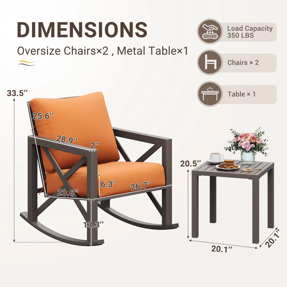 2026 NEW MRUAKA Rocking Chair Bistro Set,3 Piece Outdoor Patio Furniture Set with 2 Rockers and 1 Metal Coffee Table with Thick Cushions for Porch,Backyard,Poolside,Beige