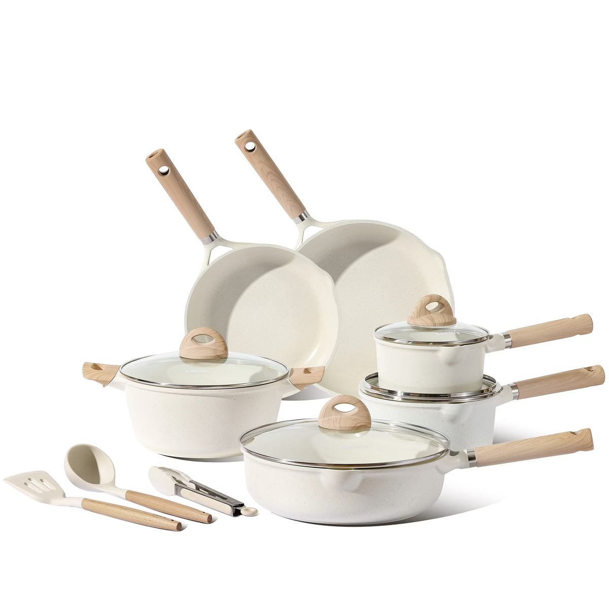 2026 NEW Carote Nonstick Pots and Pans Set, 13 Pieces Kitchen Cookware Sets Compatible for All Stoves, White Granite