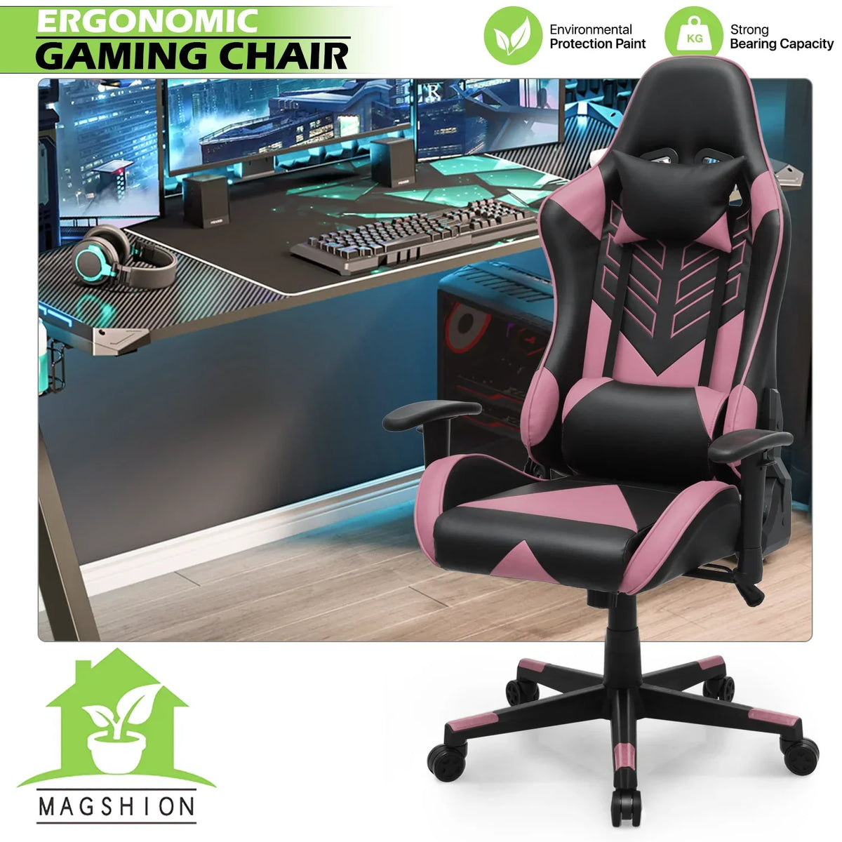 2026 NEW Magshion Ergonomic Gaming Chair, Comfortable Gaming Chair, Computer Chair Leather Desk Chair Adjustable Swivel Gaming Office Chair, Blue