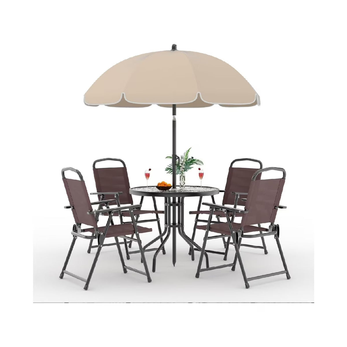 2026 NEW 6 Pieces Outdoor Dining Set With Umbrella, Patio Table and 4 Folding Chairs With Umbrella, Garden Patio Furniture Set With Umbrellas, Tempered Glass Top Dining Table