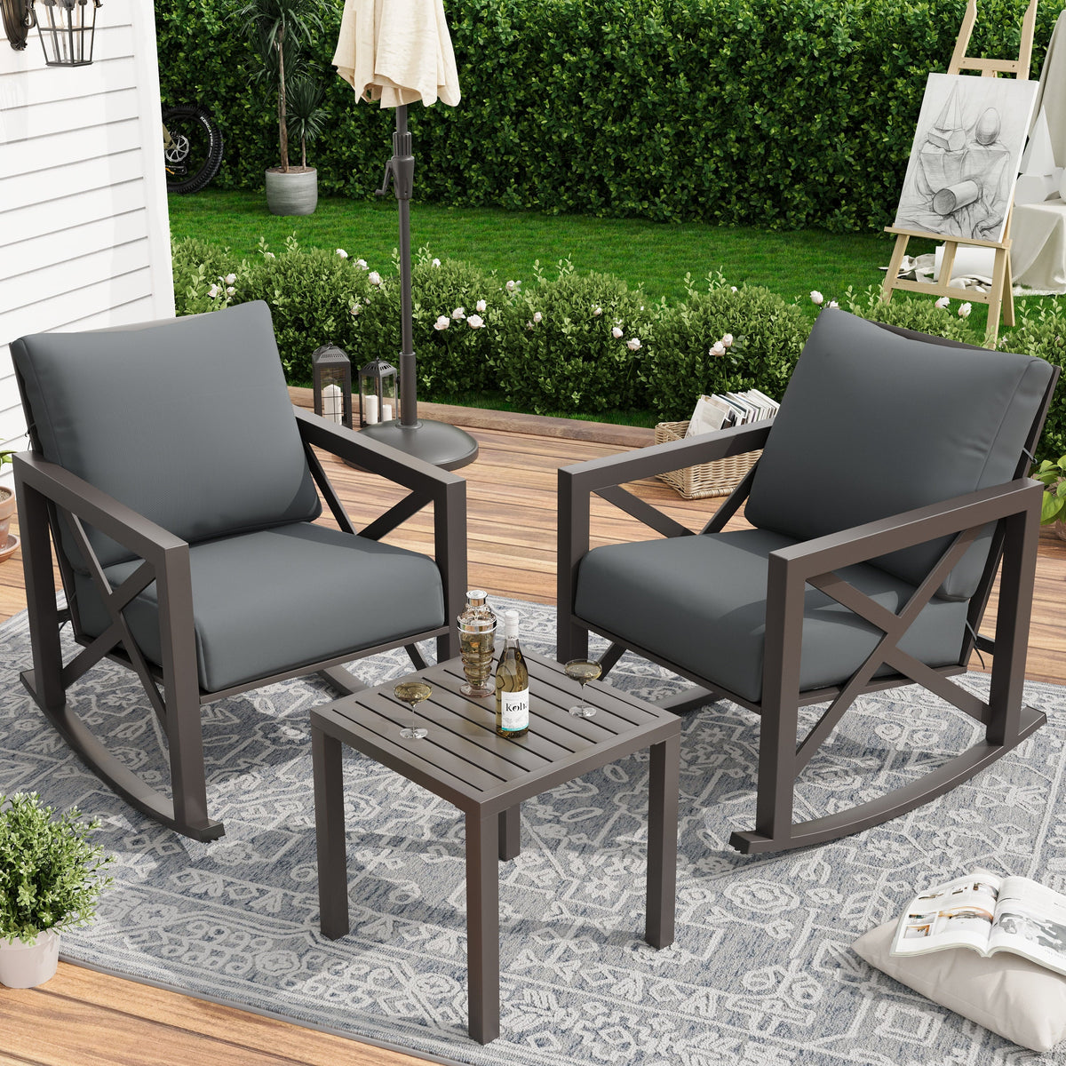 2026 NEW MRUAKA Rocking Chair Bistro Set,3 Piece Outdoor Patio Furniture Set with 2 Rockers and 1 Metal Coffee Table with Thick Cushions for Porch,Backyard,Poolside,Beige